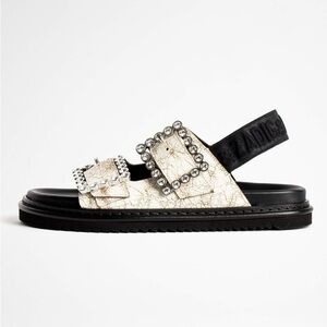 Zadig & Voltaire Cream Crackled Leather Crystal Buckle Sandals - US 6 (36)